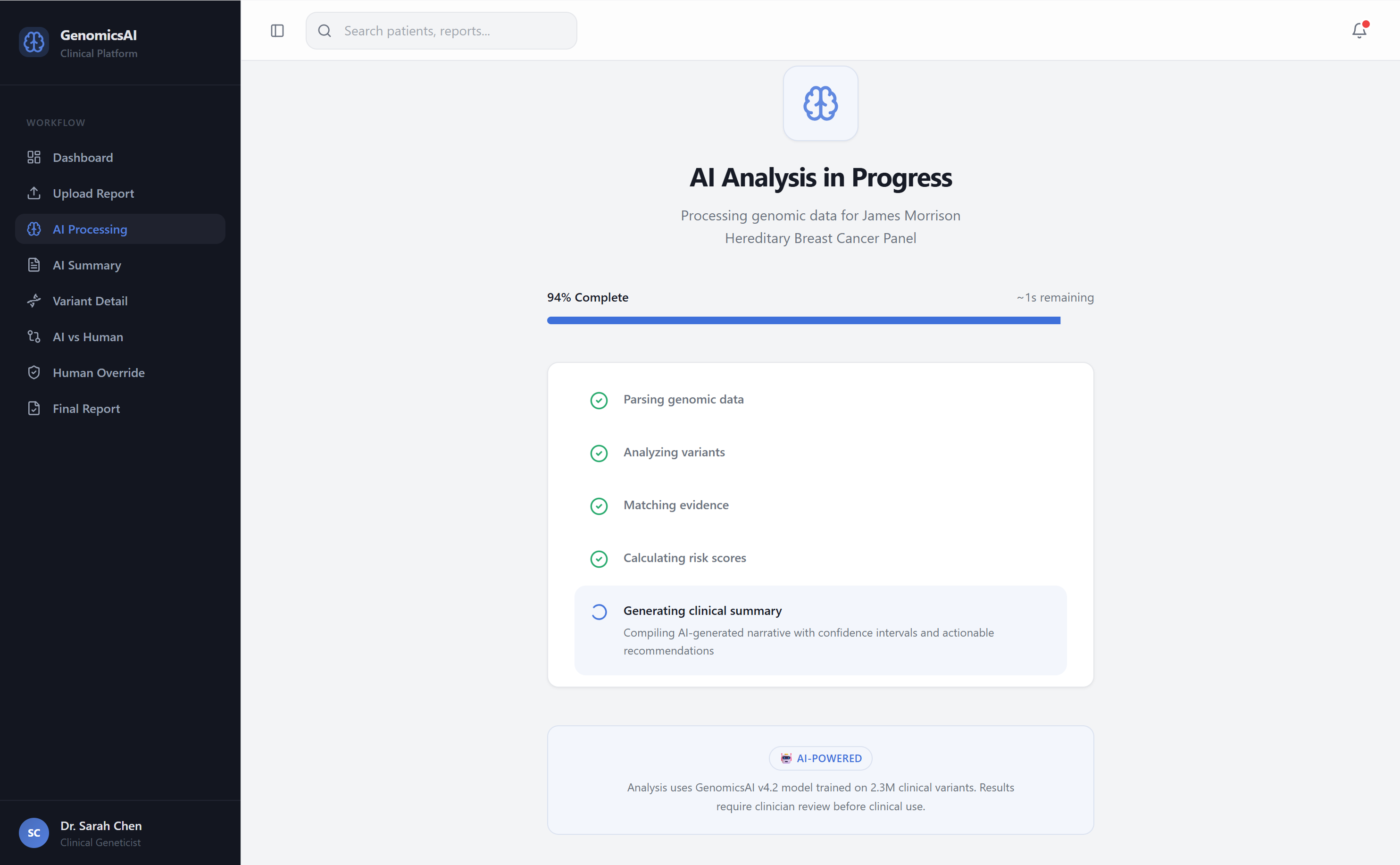 AI processing screen — analysis in progress