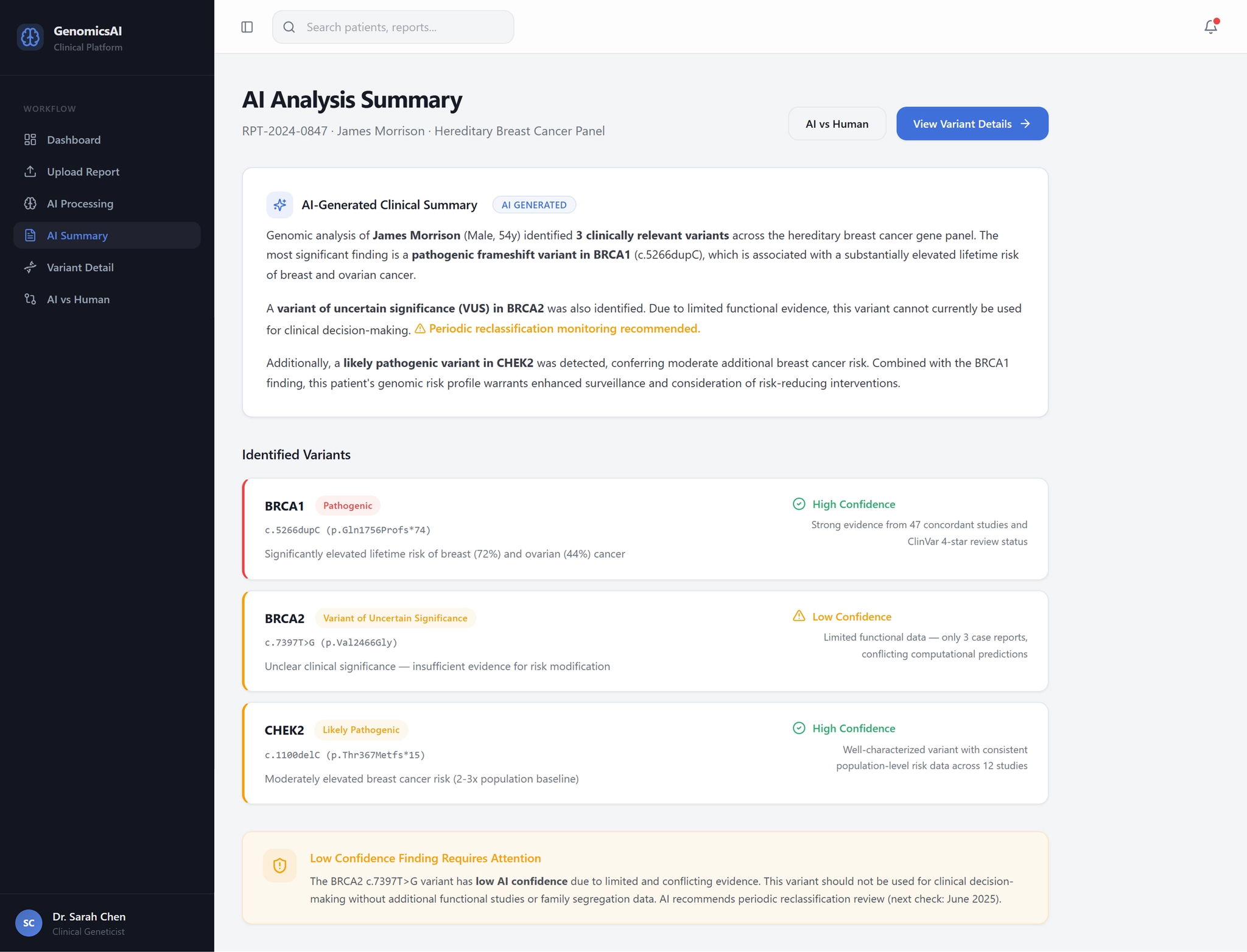 AI Analysis Summary screen showing identified variants with confidence levels