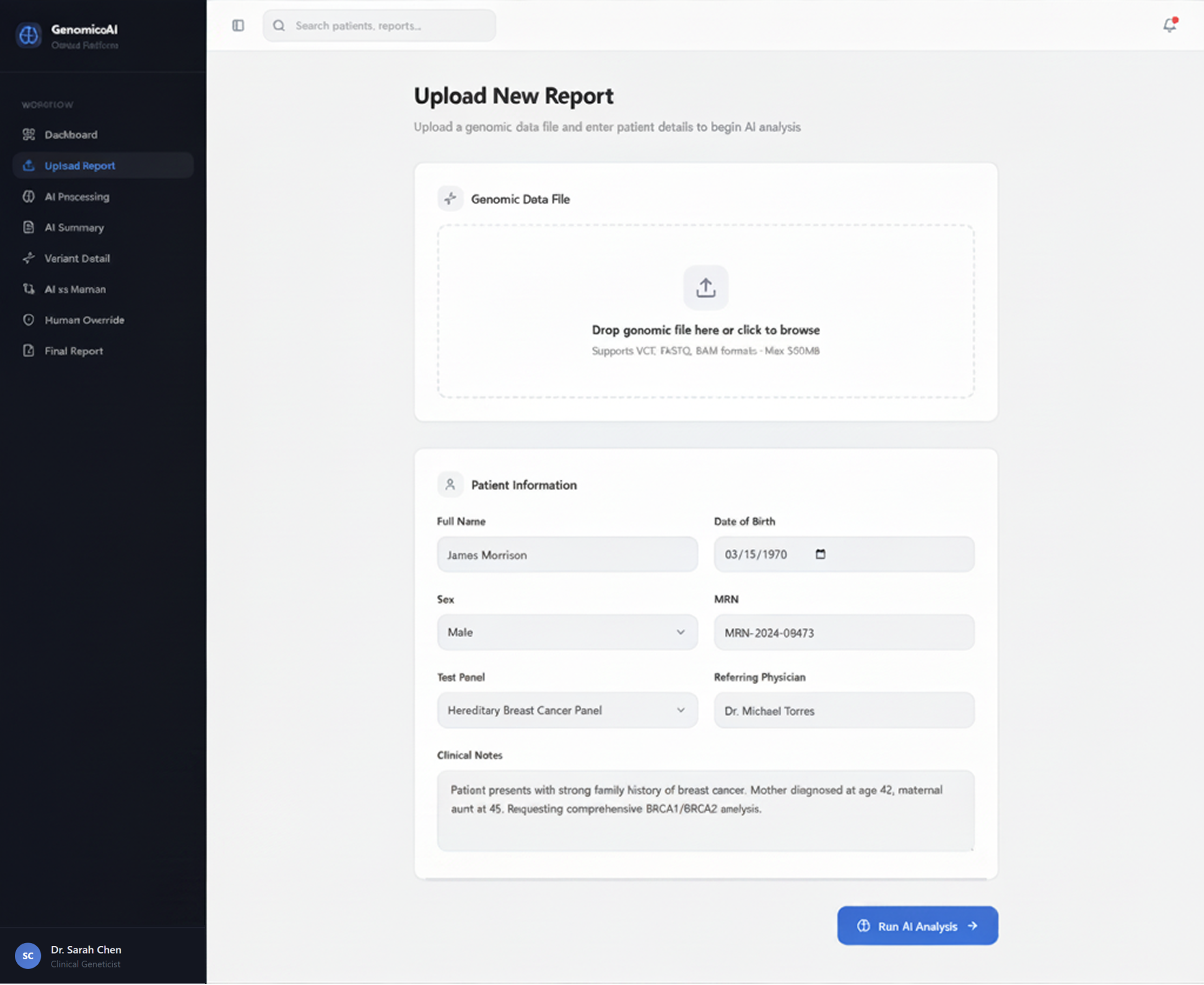 Upload report and patient data screen