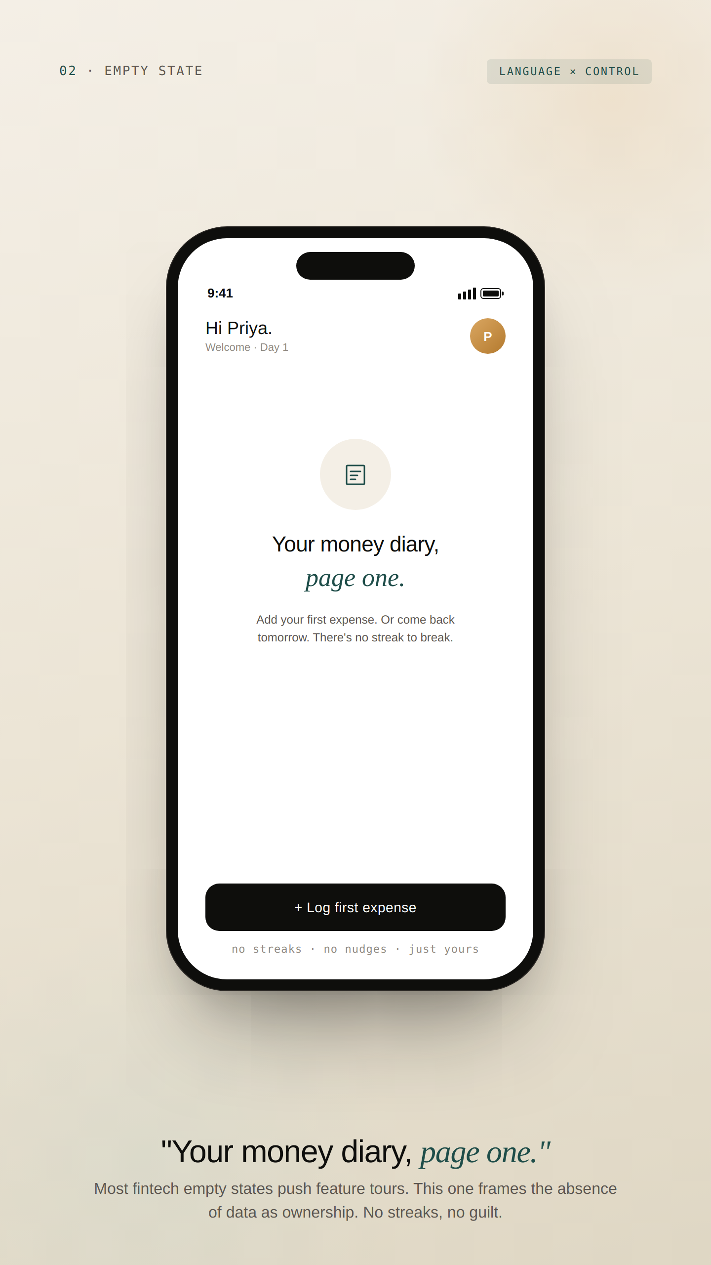 Screen 02 — Empty state, Your money diary page one