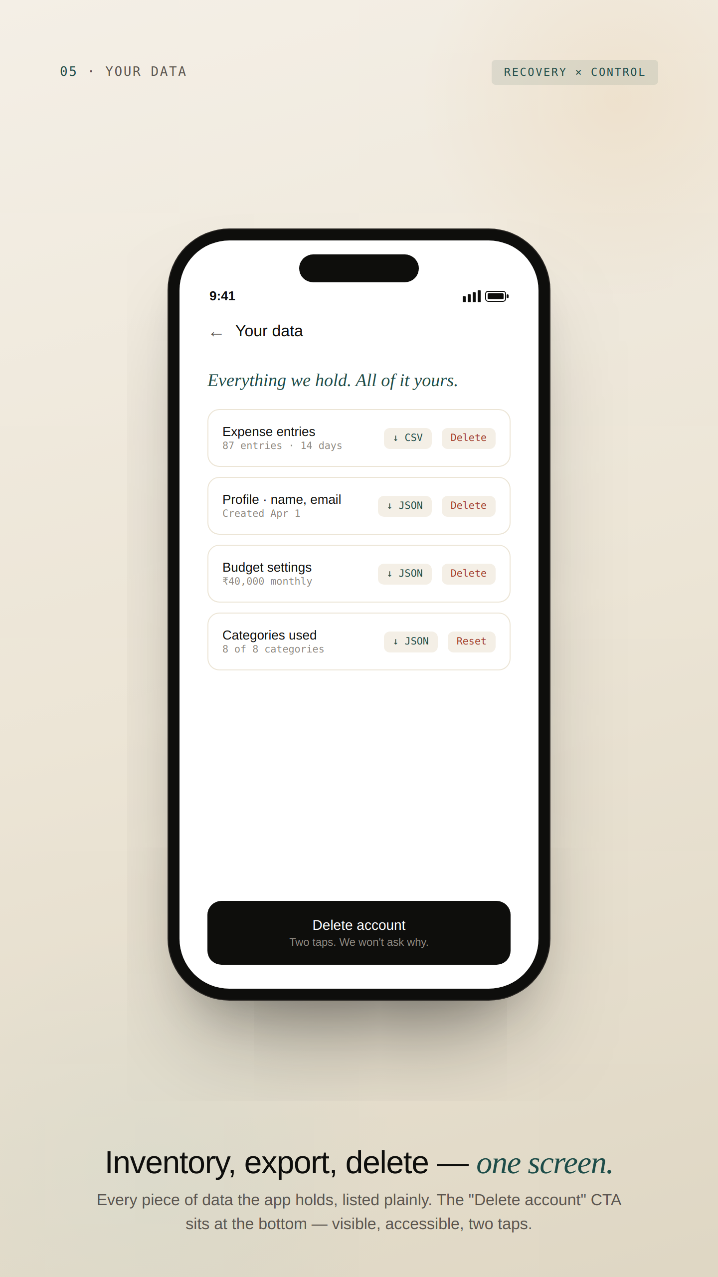 Screen 05 — Settings, Your data